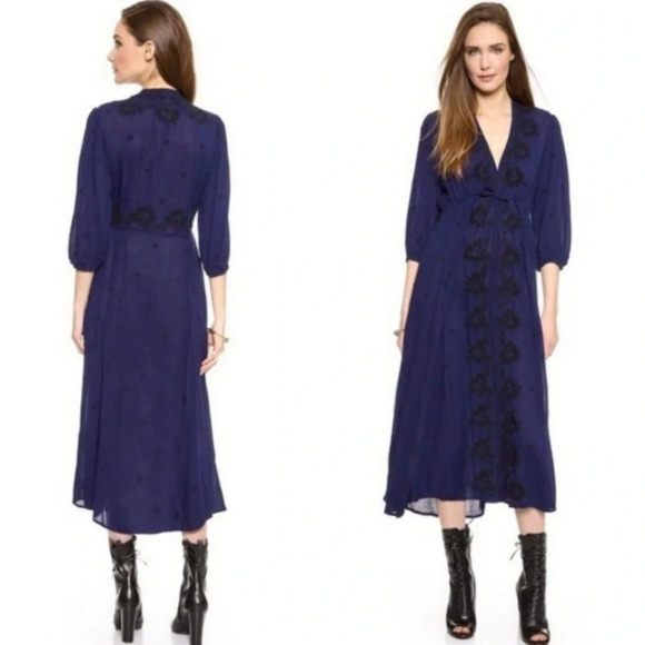 Free People Embroidered V Neck Dress in Deep Navy Combo - Picture 1 of 11